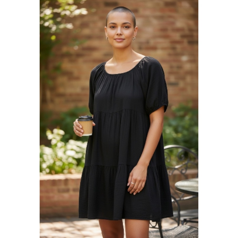 Black Short Sleeve Tiered Mini Dress
